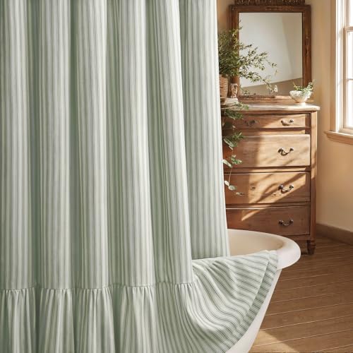 XOGUIBO Farmhouse Shower Curtain with Ruffle Hem Linen Shower Curtains for Bathroom Country Vintage Rustic Natural Fabric, White-Green Stripe 72