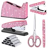 6 Pack Bling Office Stationery Set Desk Accessory Office Set Includes Pen Scissor Stapler Staple Remover 1000 Pcs Staples Tape Dispenser with Diamond Inlay for Office Home Desk Supplies (Pink)