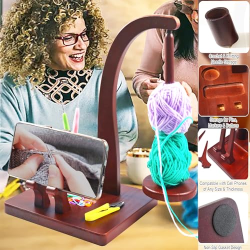 Image of YESTIC Wooden Yarn Holder for Knitting & Crocheting with Phone Stand, Anti-Slip Pads & Accessories Storage, Magnetic Yarn Ball Holder for Knitting| Ideal Gift for Crochet Lovers