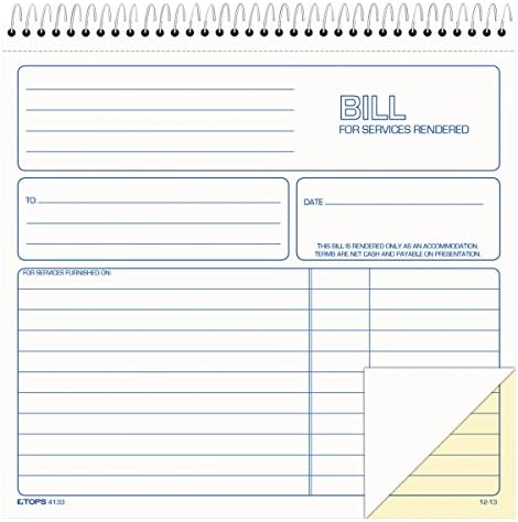 TOPS 2-Part Carbonless Bill for Services Rendered Book, 8.5 x 8.25 Inches, 50 Sheets, White, (4133)