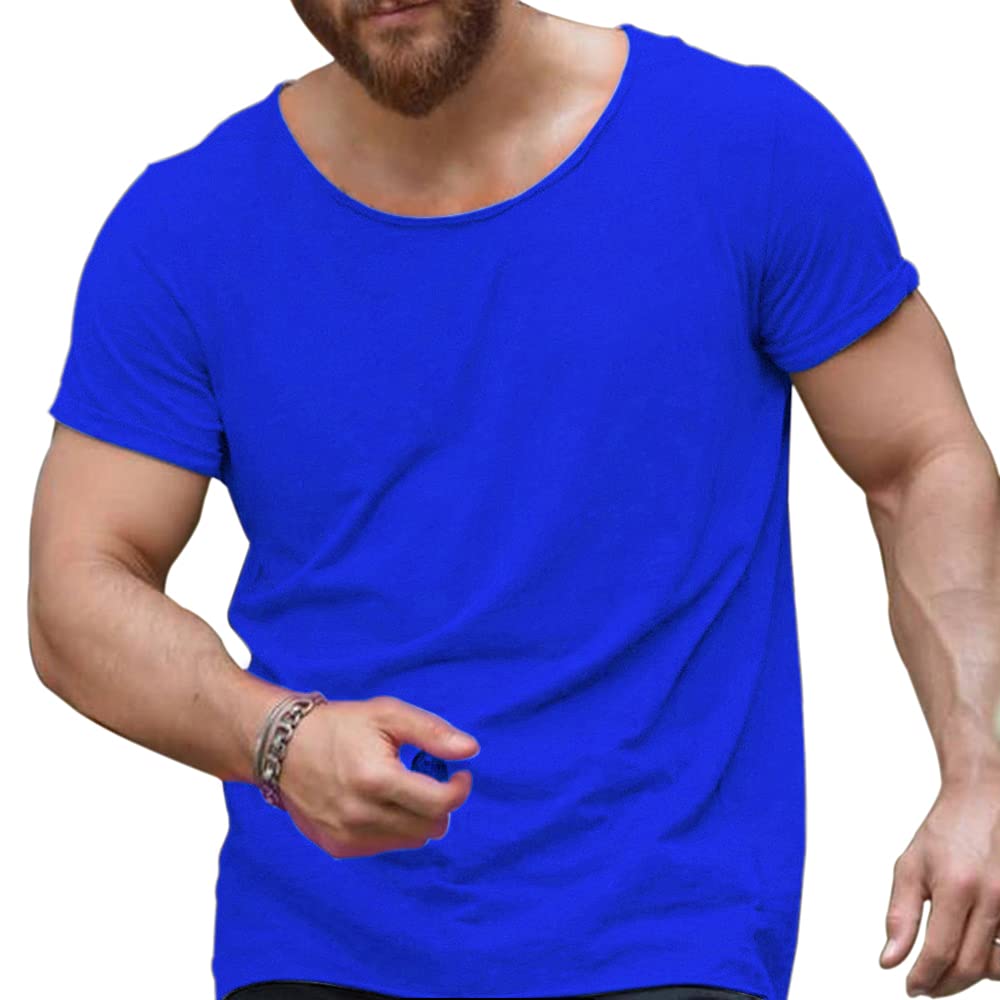 Men's Scoop Neck T Shirts Short Sleeve Muscle Cut Tee Tops for Athletic Gym Workout Bodybuilding Build 100% Washed Cotton
