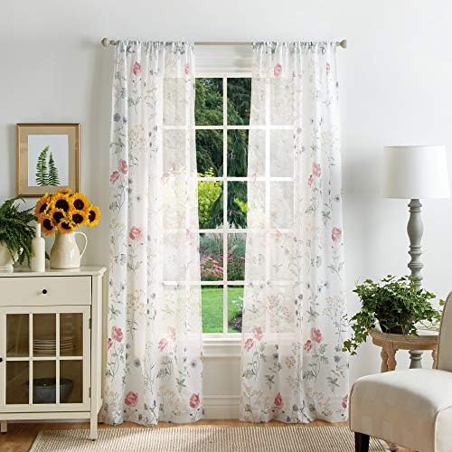 MARTHA STEWART Marthas Garden Floral Semi-Sheer Rod Pocket Window Curtain Panel Pair, 95", Multi