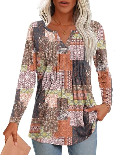 Womens Long Sleeve Tunic Tops Ladies Fall Fashion Casual Shirt V Neck Pleated Blouse