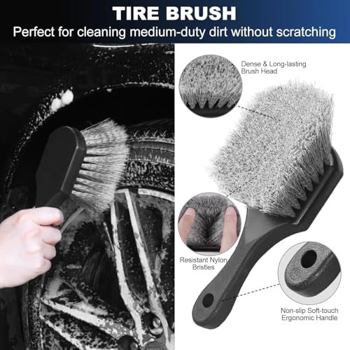 Image of Car Wheel & Tire Brush Set, Wheel Cleaner Brush, Soft & Stiff Bristle Cleaning Brush,Wheel Brushes for Cleaning Wheels,Rim Brush for Car Body Exterior Surface, Carpet, Truck, SUV, RV, Motorcycle-2PCS
