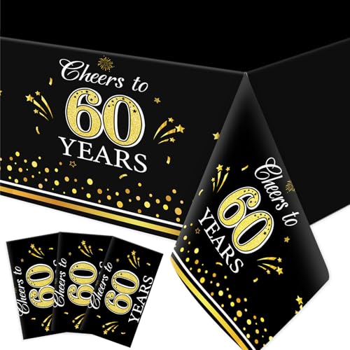 Image of Ganeen 3 Pcs 60th Birthday Tablecloths Black Gold Disposable Plastic Cheers to 60 Years Table Cloths Waterproof Rectangle Table Cover for Anniversary 60th Birthday Party Decoration, 54 x 108 Inch