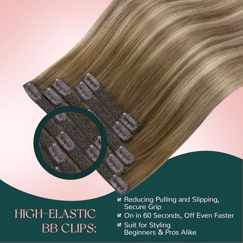 Image of Easyouth Clip in Extension Real Human Hair Balayage Clip in Real Hair Extensions Dark Brown Ombre Light Brown with Blonde Remy Human Hair Clips in Extension for Women 80G 16 Inch 5Pcs