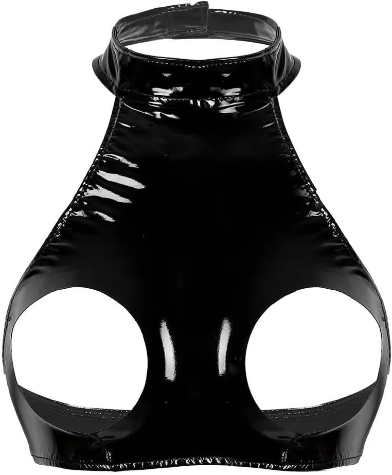 Womens Open Cup Bra Tops Latex Leather Vest Tanks Top Halter Neck Black