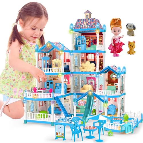 OCTERIC Doll House for Girls ,10 Rooms Blue Doll House with Dolls Figure, Puppies ,Furnitures, Accessories, LED Light, Toddler Playhouse Gift for for 3 4 5 6 7 8 9 10 Year Old Girls Toys