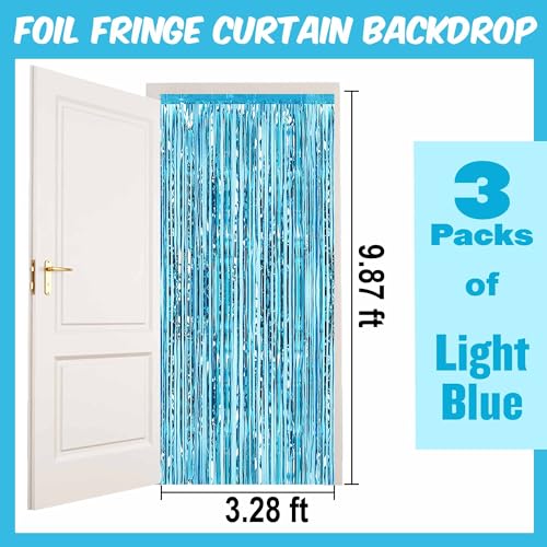 Image of 3 Pack Light Blue Foil Fringe Curtains Backdrop, 3.28 x 9.8 Ft Metallic Streamers Tinsel Curtains Background for Photo Booth, Birthday, Halloween, Christmas, Thanksgiving, New Year Party Decorations