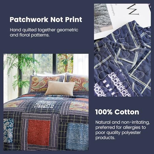 Secgo King Size Comforter Set- 100% Cotton Quilt King Size Set, Black bedspreads (96 * 108 Inch) with 2 Pillow Shams, Patchwork Reversible Lightweight Bedding