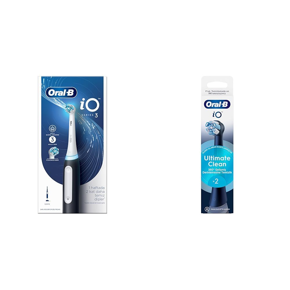 Oral-B iO - 3 Siyah Şarjlı/Elektrikli Diş Fırçası, 1 Diş Fırçası Başlığı, Braun Tasarımı + Oral-B iO Ultimate Clean Siyah Diş Fırçası Yedek Başlığı 2 Adet