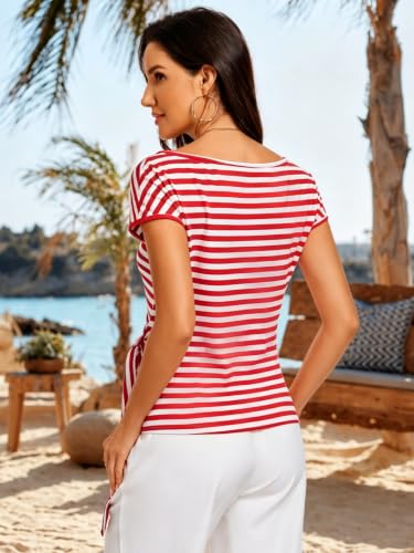Image of HOTIAN Womens Cap Sleeve T Shirts 2026 Tie Waist Wrap Tops Crew Neck Blouses Dressy Casual Loose Work Business Dressy