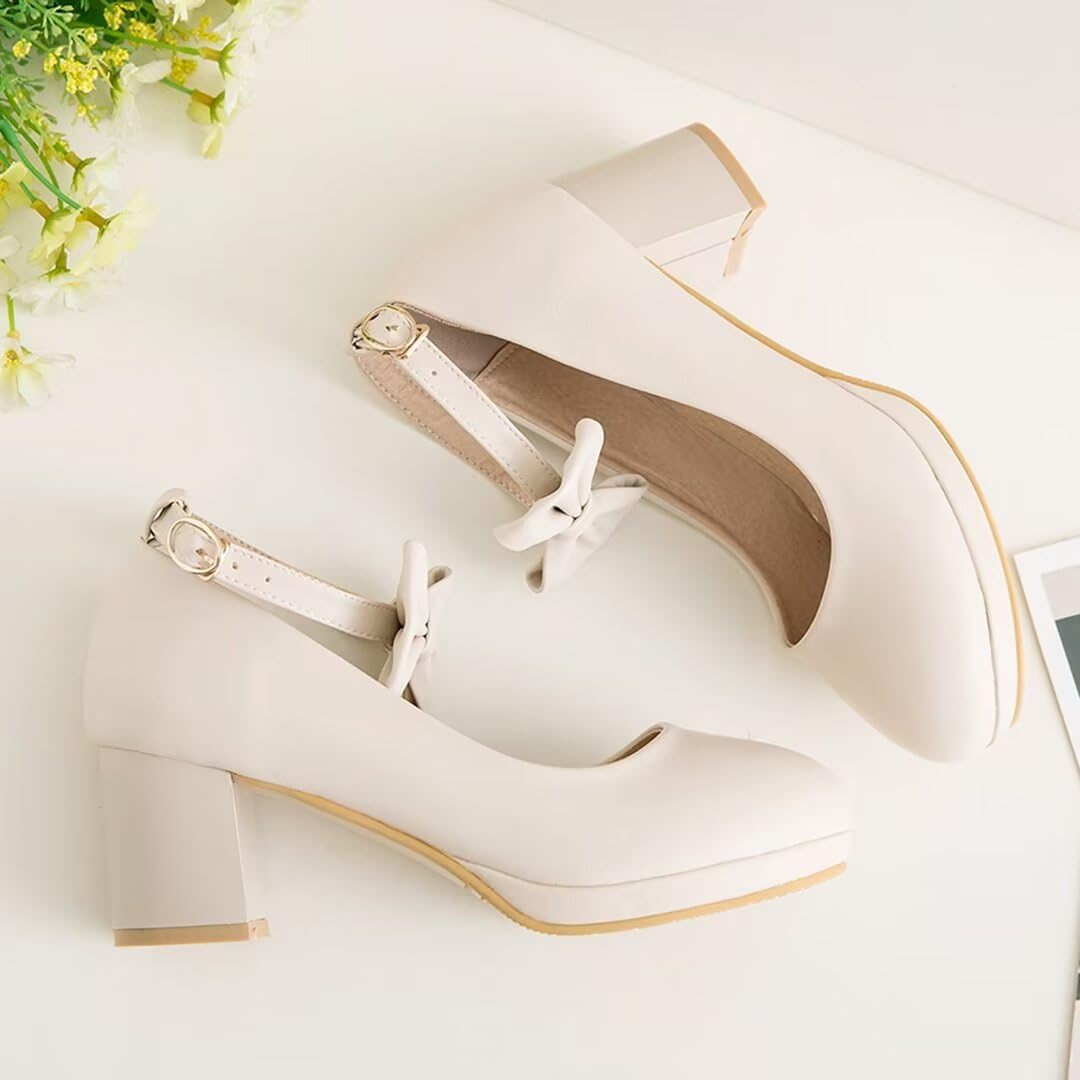 Damen High Heels Pumps mit Blockabsatz Riemchen Schleife