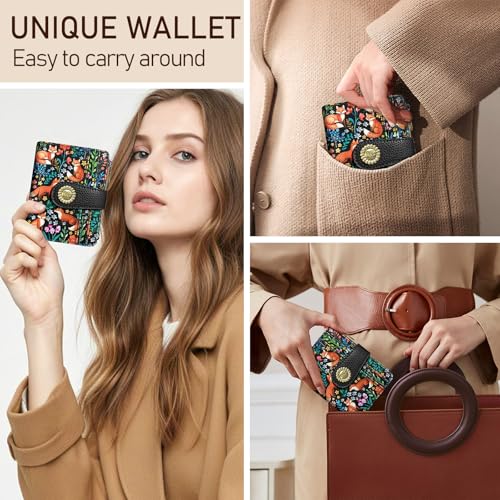 Image of Kelvoris Cute Floral Fox Flowers Boho Small Rfid Women Wallet Coin Pocket | Bifold Zipper PU Leather Compact Cash Credit Card Holder Travel Purse for Female Ladies Teen Girls 1 ID Window 10 Card Slots