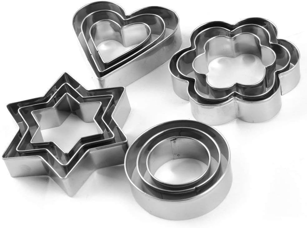 Cookie Cutter Set of 12 Stainless Steel Moulds in Heart, Flower, Star & Round Shapes with 3 Sizes Each - Perfect for Biscuit, Fondant, Pastry & DIY Baking Tools for Home Kitchen Use
