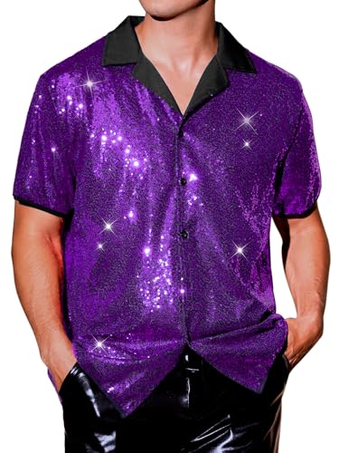 Lars Amadeus Sequins Shirts for Men's Camp Collar Short Sleeve Button Down Party Shiny Shirt