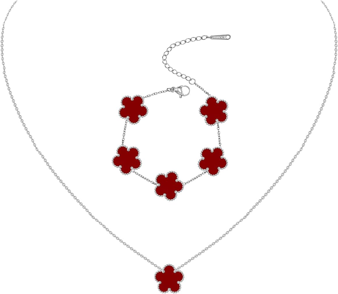 Gold Plated Stainless Steel Four Leaf Clover Bracelet and Necklace Jewelry Set for Women
