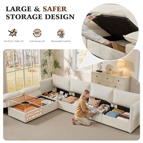 Image of Ihanherry 135 inch Modular Sectional Sofa with Storage, U Shaped Cloud Couch with Movable Ottomans & 4 Pillows, Chenille Deep Seat Sectional Couches for Living Room, Apartment (Beige)