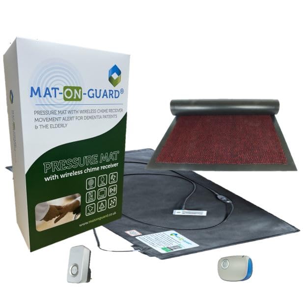 Mat On Guard IP300CM Single EXIT with Cover MAT. Wireless Floor Sensor Pressure Mat Alarm System for the Elderly and Dementia Care with Portable & Plug-in Receiver with Cover Mat. (RED)