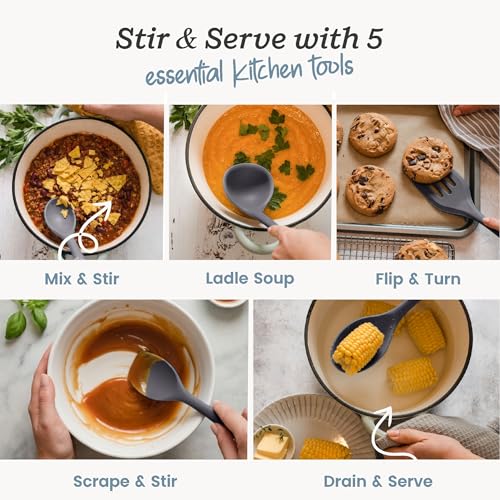 Starpack Stir and Serve Silicone Cooking Utensils Set (5-Piece, 11") - LFGB Non Toxic, 600°F Heat Resistant, BPA-Free - One-Piece Seamless, Dishwasher Safe - for Nonstick Cookware, Gray Black by StarPack Home - Image 2