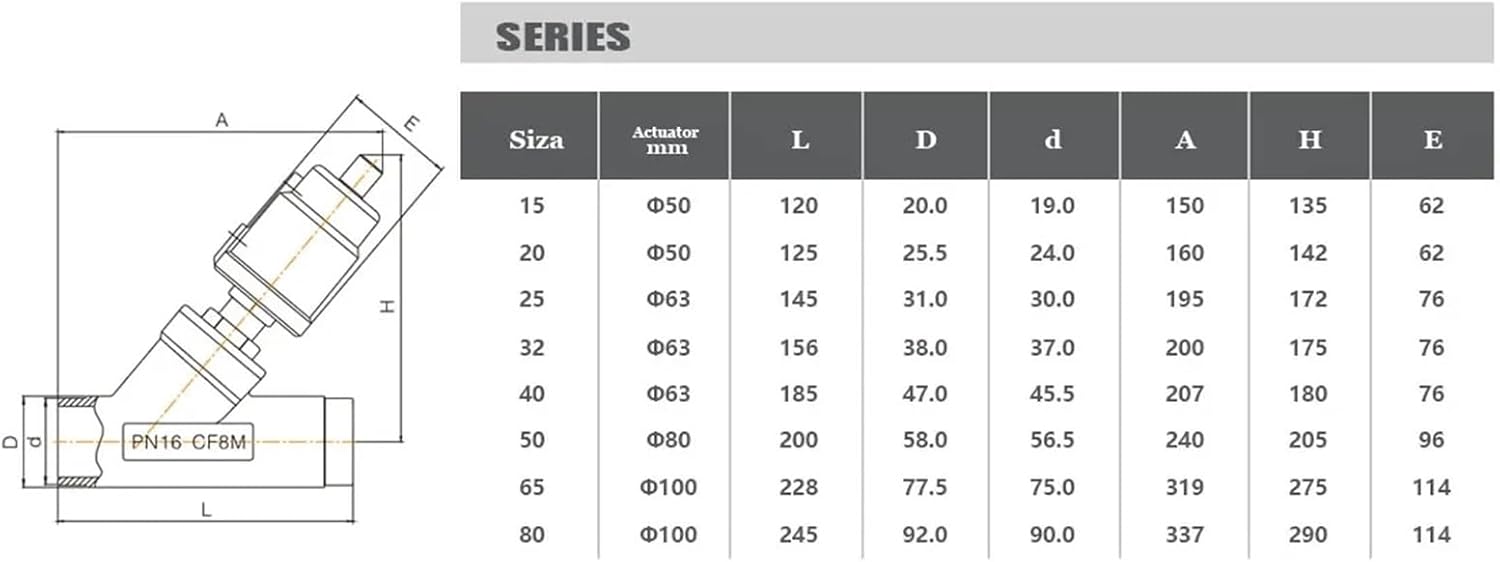 DN32 2-Way Y-Pattern Normally Closed 304 Stainless Steel Pneumatic Welding Angle Seat Valve 16bar for Gas