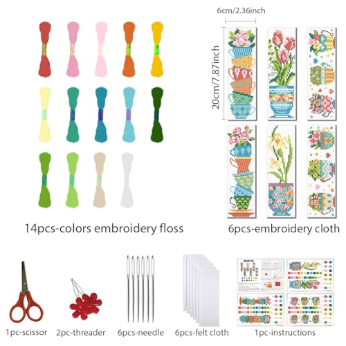 Image of FREEBLOSS 6PCS Cross Stitch Bookmark Kit Tea Cup Pattern Cross Stitch Bookmarks Kit for Beginner DIY Stamped Embroidery Bookmark Kit DIY Bookmarks Cross Stitch Kits for Beginners