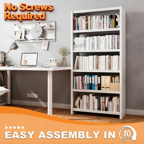 Image of VASAAOSD 5 Tier Book Shelf, 69.3 inch Tall White Bookshelves, Open Metal Bookshelf, Toolless Assembly White Shelves for Home Office, Living Room, Study