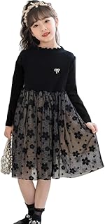 [Yolrky] キッズ ワンピース フォーマル 長袖 チュールドレス 子供 ドレス 花柄 黒 冠婚葬祭 入園式 お受験 発表会