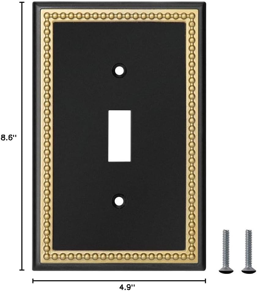 Pearled Frame Decorative Wall Plate Switch Plate Outlet Cover (Single Toggle 2PK, Black & Dark Golden)