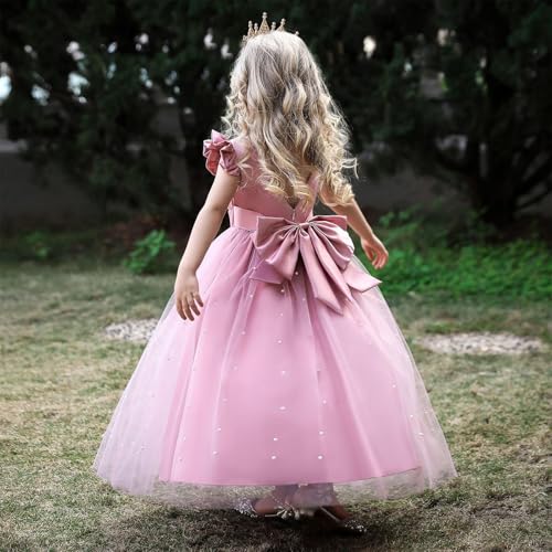 Girl Formal V-Back Satin Flower Girl Dress Girls Dresses for Wedding Flying Sleeve Pearls Tulle Girls Prom Ball Gown Princess Dresses Burgundy3