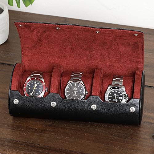 10 Slot Leather Watch Box With Matching 3 Slot Watch Roll - Luxury Watch Case Display Organizer Microsuede Liner, Locking Mens Jewelry Watches Holder, Men's Storage Boxes Holder Glass Top Black/Red #TOP7