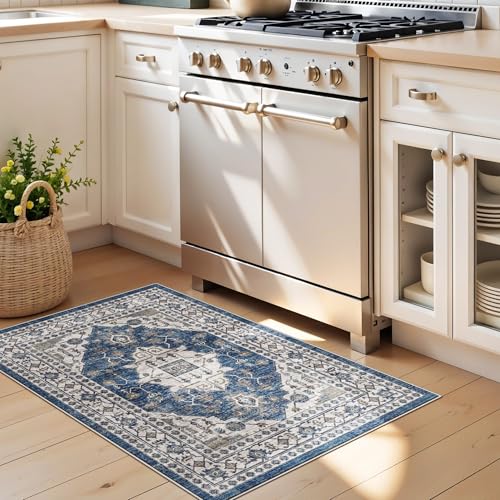 2x3 Washable Vintage Area Rug: Indoor Soft Entryway Rug with Non Slip Backing Water Resistant Carpet for Kitchen Bathroom Laundry Low Pile Door Mat Perfect for Homes with Cats & Dogs(2x3,Blue)