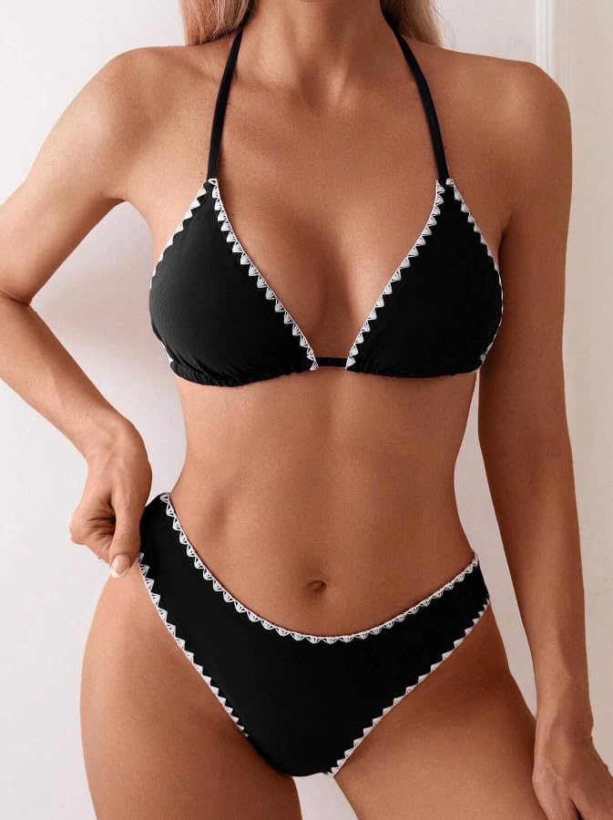 Women's Sexy Solid Color Lace Triangle Bikini Set, Halter Adjustable Ties Backless Two-Piece Swimsuit2