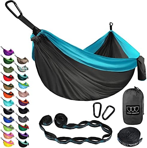 Gold Armour Camping Hammock - XL Double Hammock Portable Hammock Camping Accessories Gear for Outdoor Indoor with Tree Straps, USA Based Brand (Gray and Sky Blue)