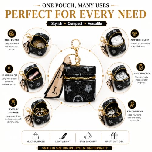Image of Mini Zip Storage Pouch Keychain for Women | PU Leather Small Organizer for Coins, Earbuds, Lip Balm & Keys | Portable Bag Charm (Black)