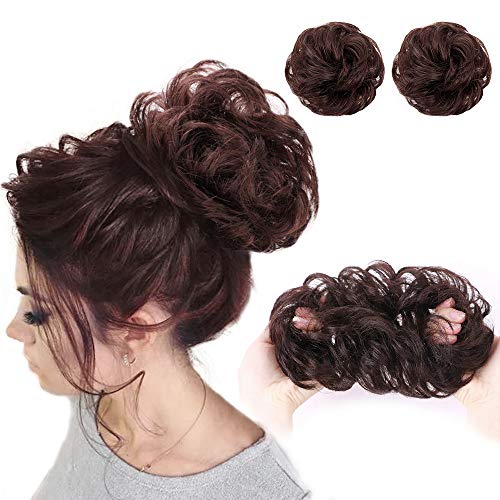 2PCS Messy Bun Hair Piece 100% Human Hair Scrunchies Buns Hair Pieces for Women Curly Wavy Red Brown Bun Elegant Chignons Wedding(Color:Dark Reddish Brown)