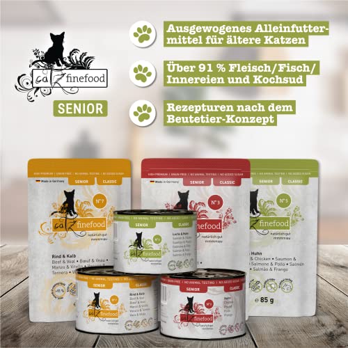 catz finefood Senior N°05 Lachs & Huhn Katzenfutter nass - Premium Nassfutter für Ihre Senior Katze - getreidefrei, ohne Zucker, hoher Fleischanteil, Vitamine & Mineralien (6 x 200g Dose)