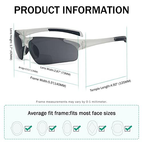 Eyekepper TR90 Unbreakable Sports Half-Rimless Bifocal Sunglasses Baseball Running Fishing Driving Golf Softball Hiking Clear Frame Grey Lens +1.753