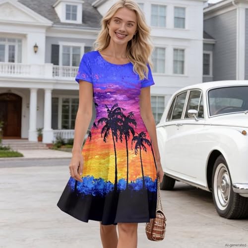 Image of HUGS IDEA Womens Puffy Swing Midi Dress Round Neck Short Sleeve Party A-Line Dresses