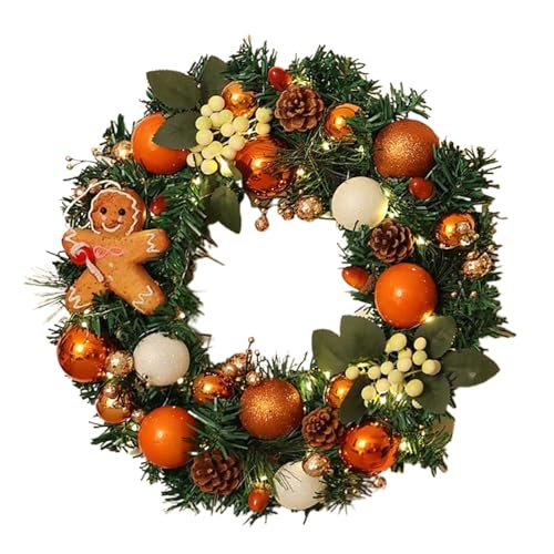 屋外用クリスマスリース, 直径40センチ ファームハウス ジンジャーブレッド リース 照明付き 家庭用, 住宅 オフィス コーヒーショップ 室内外 壁 ファイヤープレース上部用 装飾