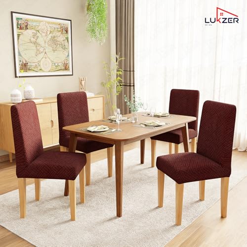 Image of Lukzer Elastic Dining Chair Cover - 2PC Pastel Deep Maroon Abstract | Textured High Stretch Jacquard Seat Cover | Removable Washable Short Dining Chair Cover Protector Seat Slipcover | (CC-172-02)