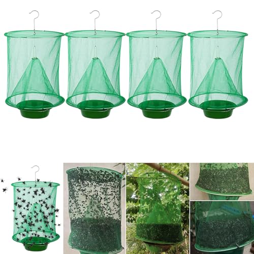 Ranch Fly Traps 4 Pack Fly Trap Outdoor Hanging with Tray Effective Fly Catcher Bags Stable Pest Control for Family Farm Garden Barn (Green)