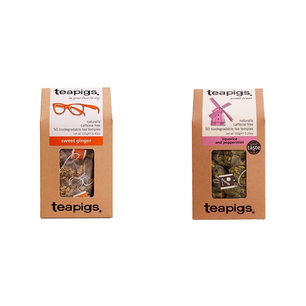teapigsSweet Ginger Tea Bags Made With Whole Leaves (1 Pack of 50 Tea Bags) & Liquorice and Peppermint Tea Made With Whole Flowers (1 Pack of 50 Tea Bags)