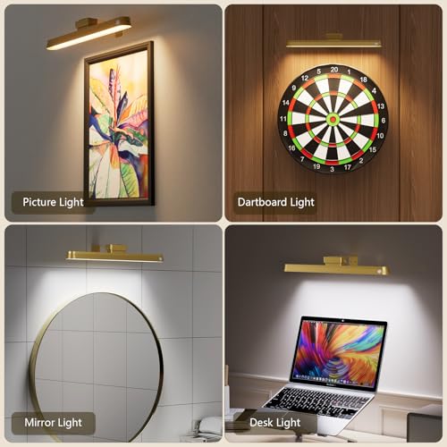 Picture Lights for Wall Battery Operated, 2-Pack 16in Magnetic Rechargeable Picture Light with Remote, Dimmable, Timer Painting Light,Art Display Light for Picture Frame Artworking Portrait, Gold