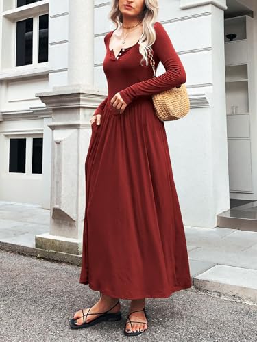 Image of Mieazom Long Sleeves Maxi Dress for Women A Line 2025 V Neck Casual Button Boho Tshirt Long Dress with Pockets