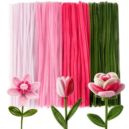 Image of Caydo 200 Pieces Pink Pipe Cleaners for Flowers | Thick Fluffy Craft Chenille Stems for Arts Crafts Projects Making and Creative Home Decorations