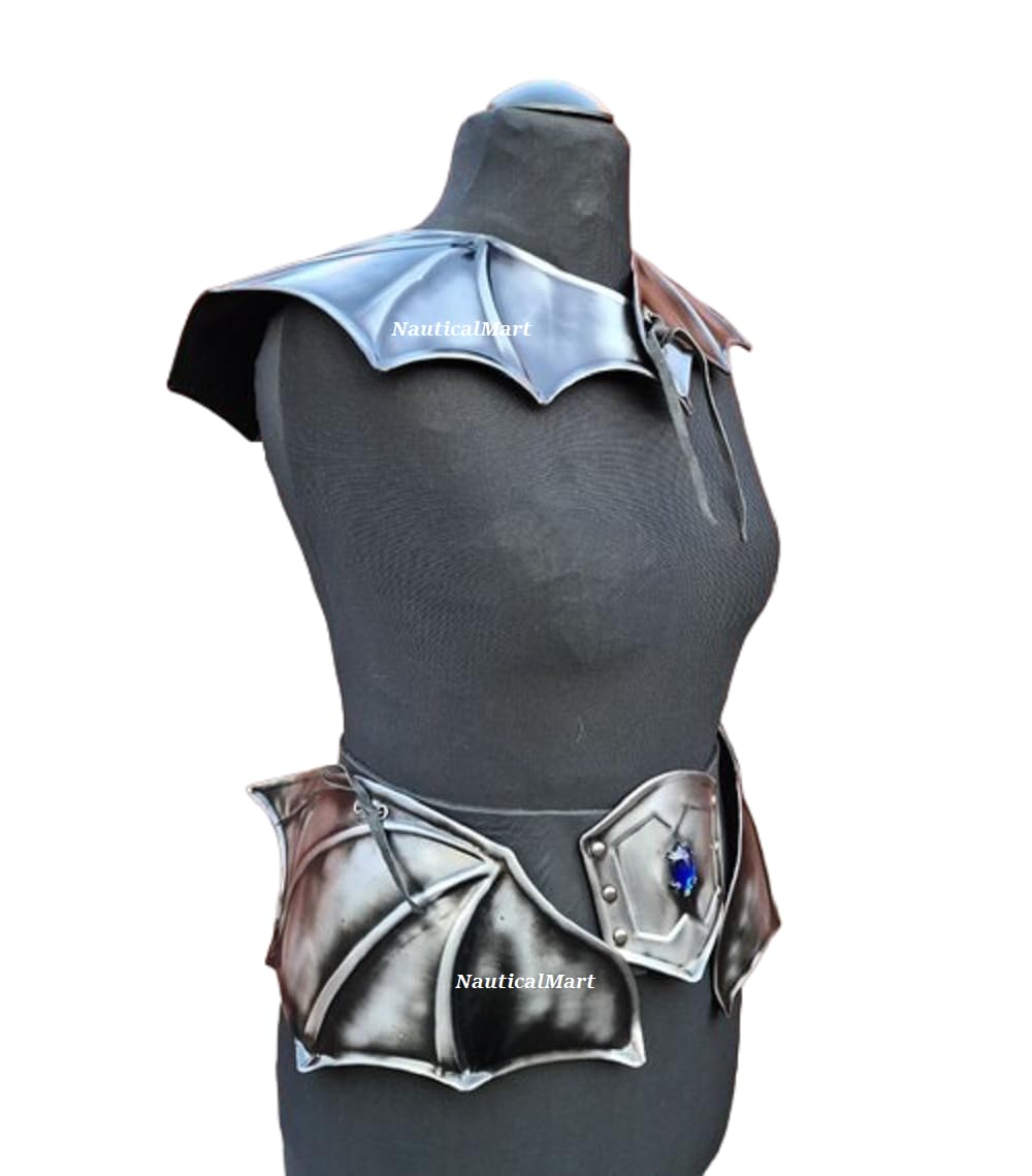 NauticalMart Female LARP Costume, Steel Fantasy Shoulders Armor with Belt, Knight Lady Metal Pauldrons & Skirt, Cosplay Elven Women Armour