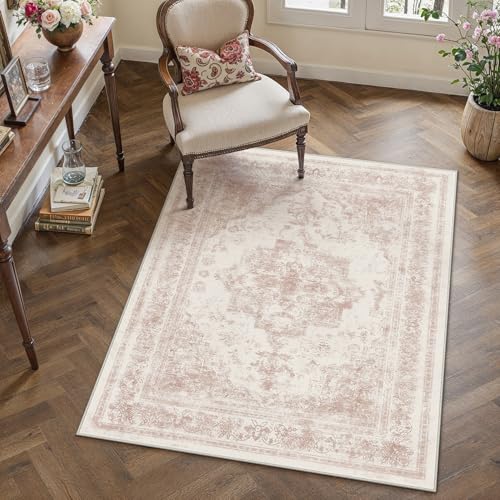 Area Rug 3x5 Washable Pink Rug Vintage Boho Medallion Entryway Door Mat Entrance Distressed Retro Carpet Non Slip Low Pile Small Soft for Office Kitchen Bedroom Laundry Bathroom Hallway