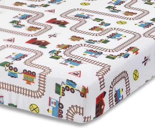 Image of Baby Boy Fitted Crib Sheet Choo Choo Train, 100% Soft Breathable Microfiber Baby Sheet, Fits Standard Size Crib Mattress 28in x 52in, Nursery Sheet