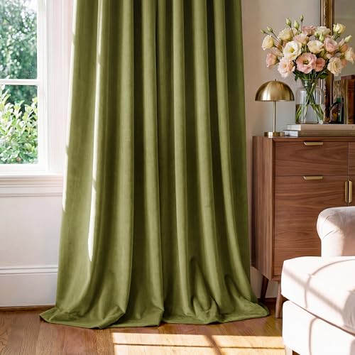 Image of Olive Green Velvet Luxury Drapes for Living Room, W52 x L100, 2 Pcs | Christmas Holiday Decor, 300GSM Heavy Soft Velvet, UV Protection, Heat Insulated, Privacy, Back Tab for Bedroom, Living Room